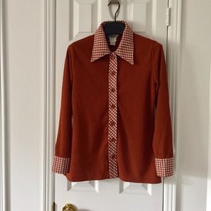 Vintage Brown RibbedKnit Shirt with Gingham Detail